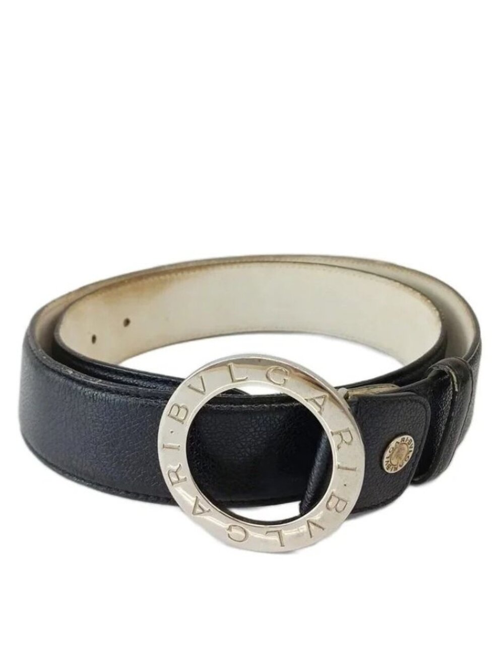 Bvlgari Belt Cowhide Gray Leather Buckle Circle Logo Silver 105/42 Black